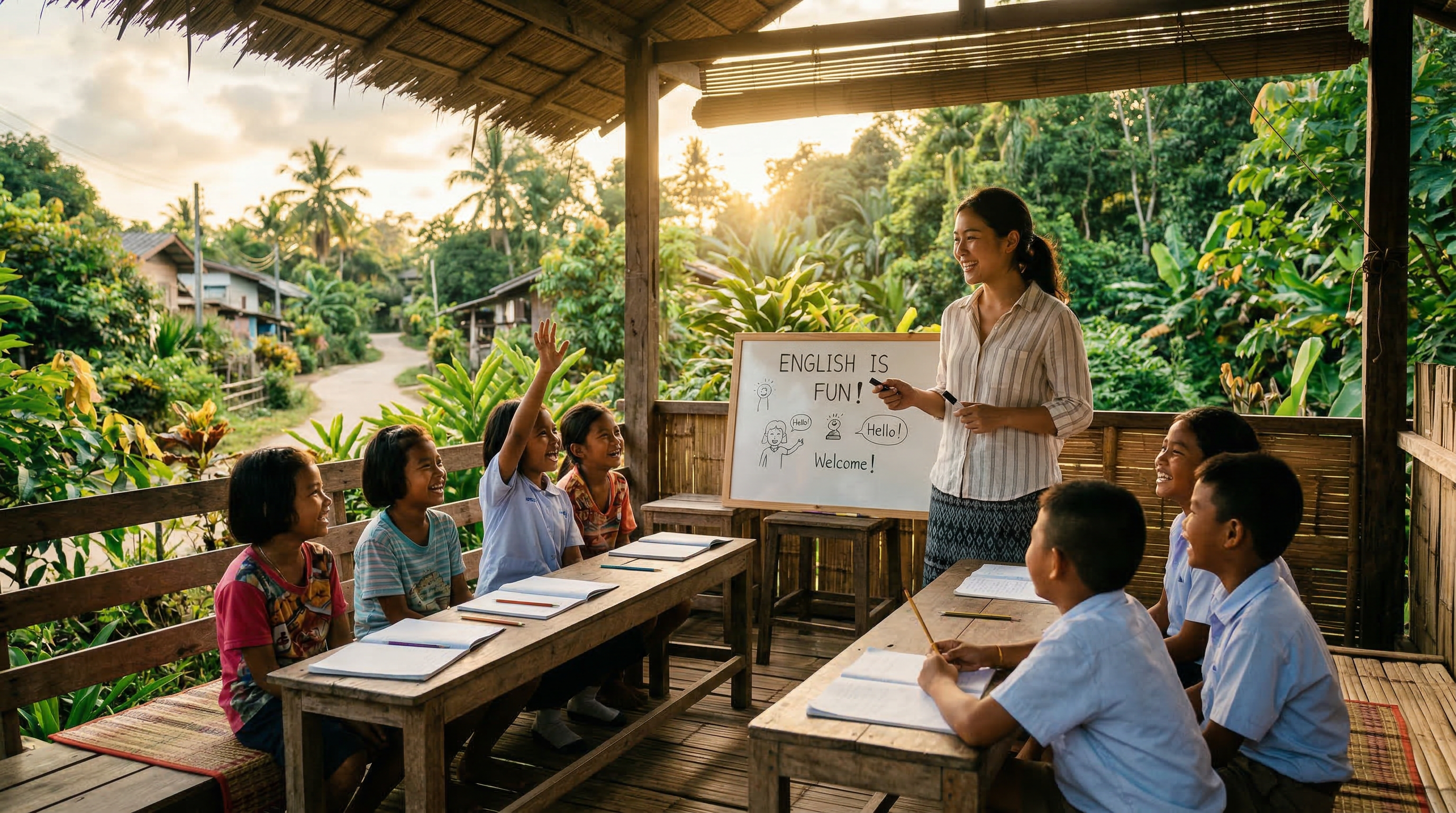 Teacher engaging with students in an outdoor classroom setting