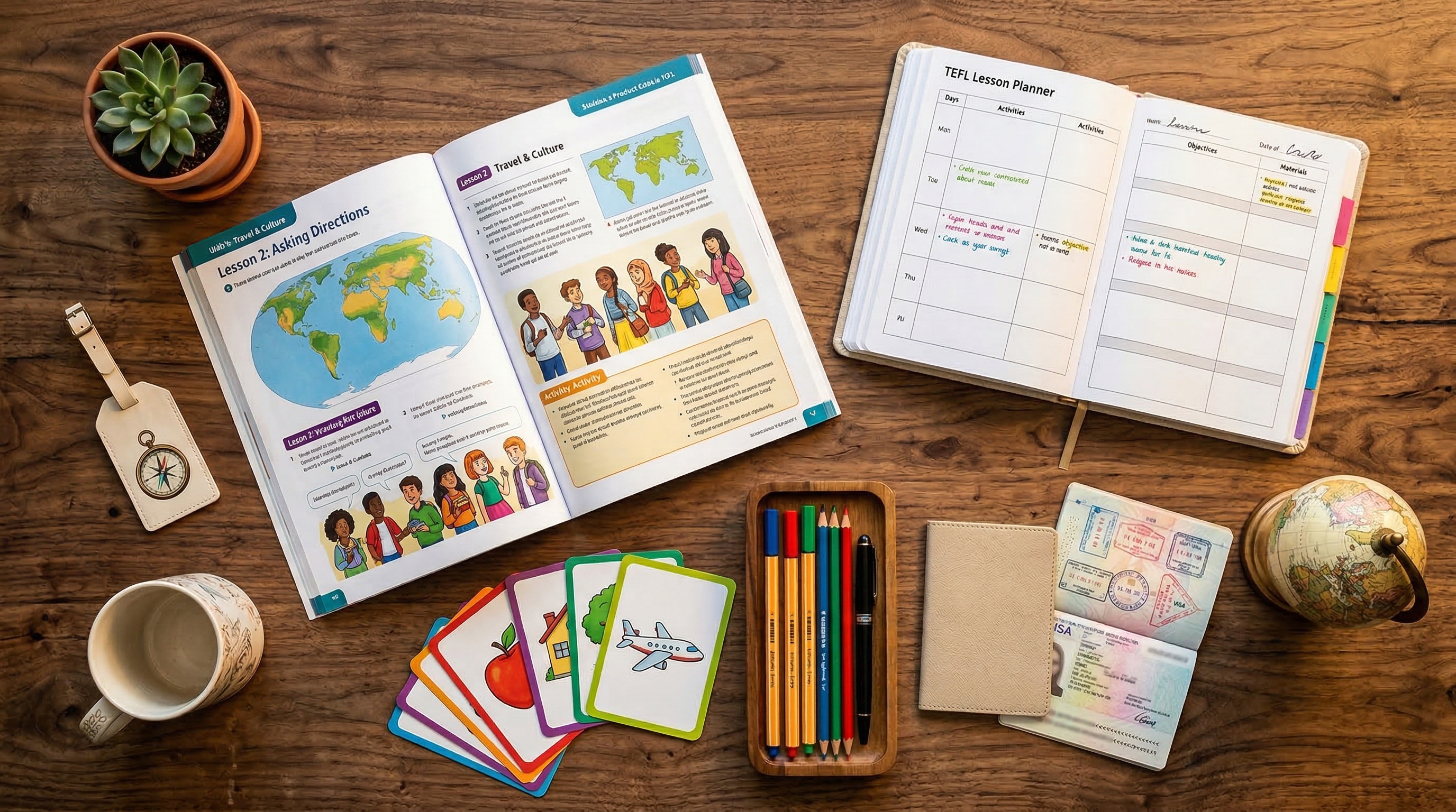 TEFL course materials and teaching resources laid out neatly
