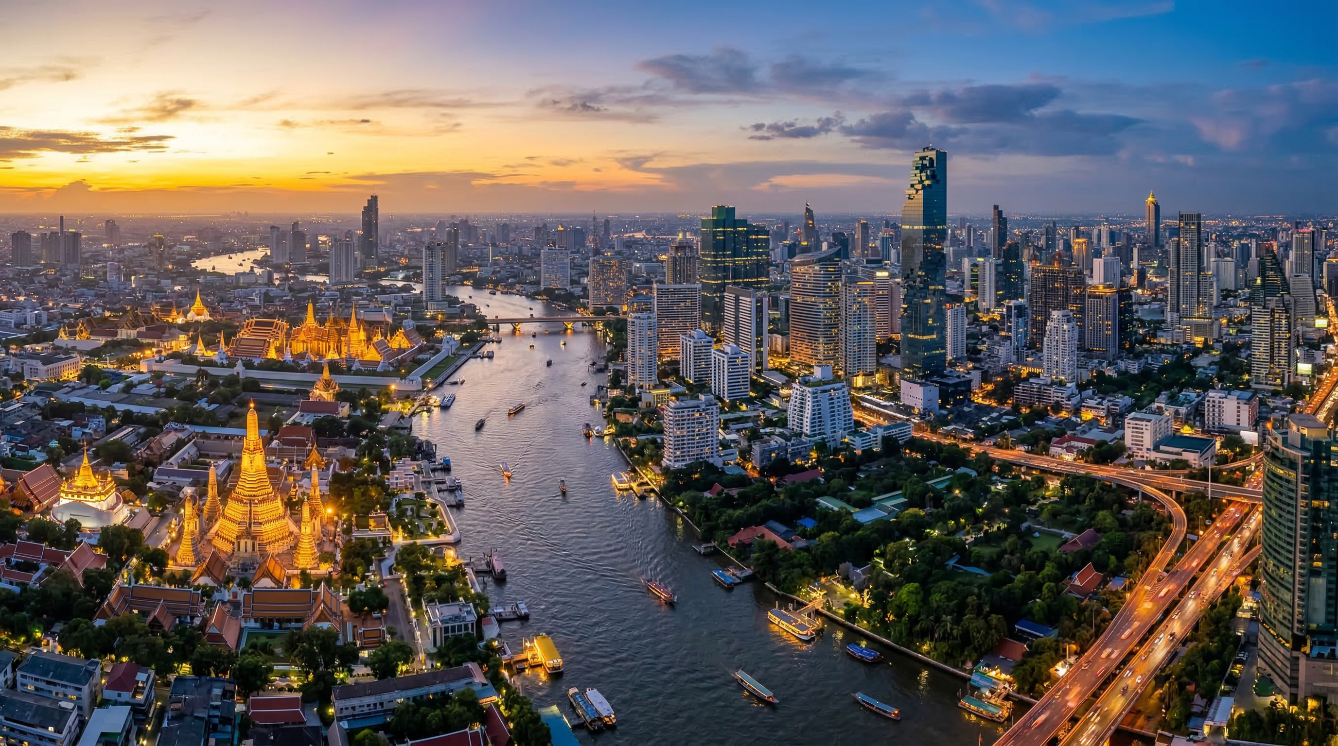 Bangkok skyline at golden hour — one of many destinations for certified English teachers